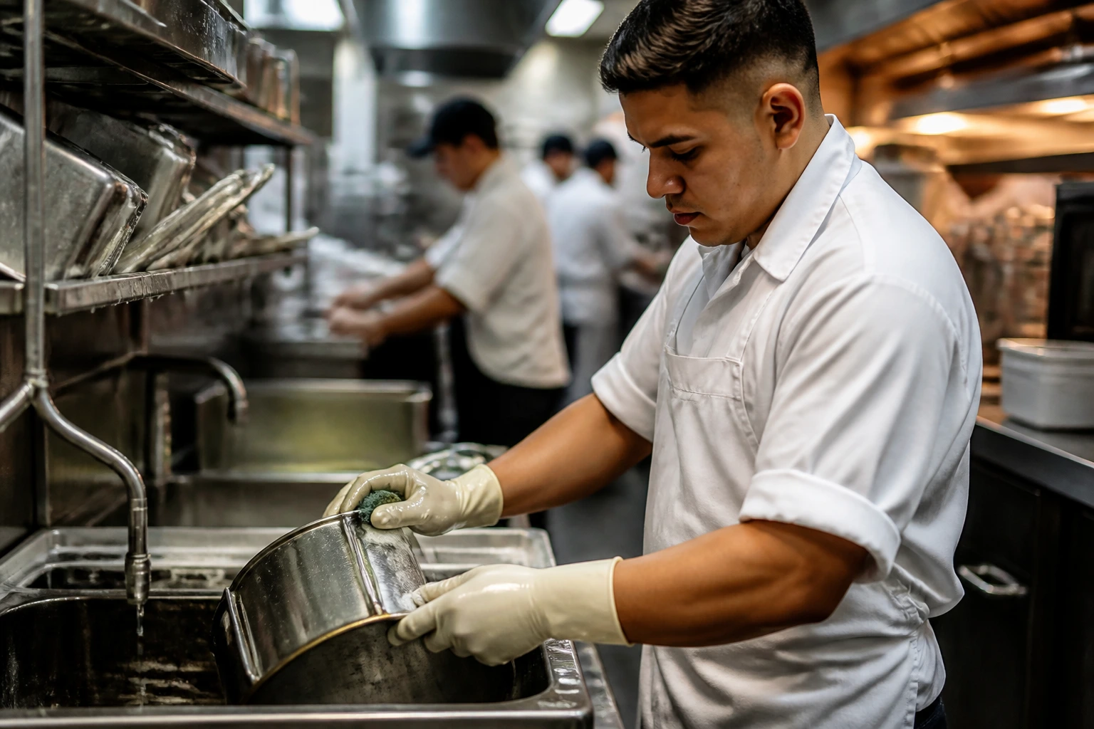 Close-up of a dishwasher at a busy kitchen station scrubbing a pot