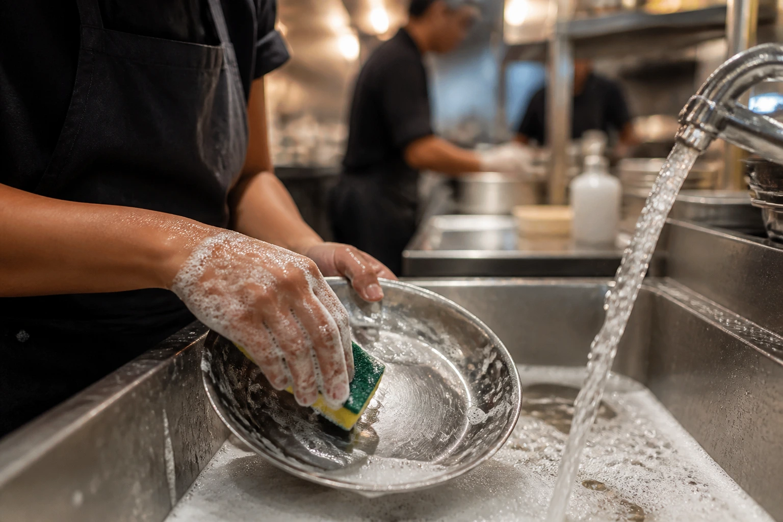 Close-up of hands washing dishes in a commercial kitchen sink
