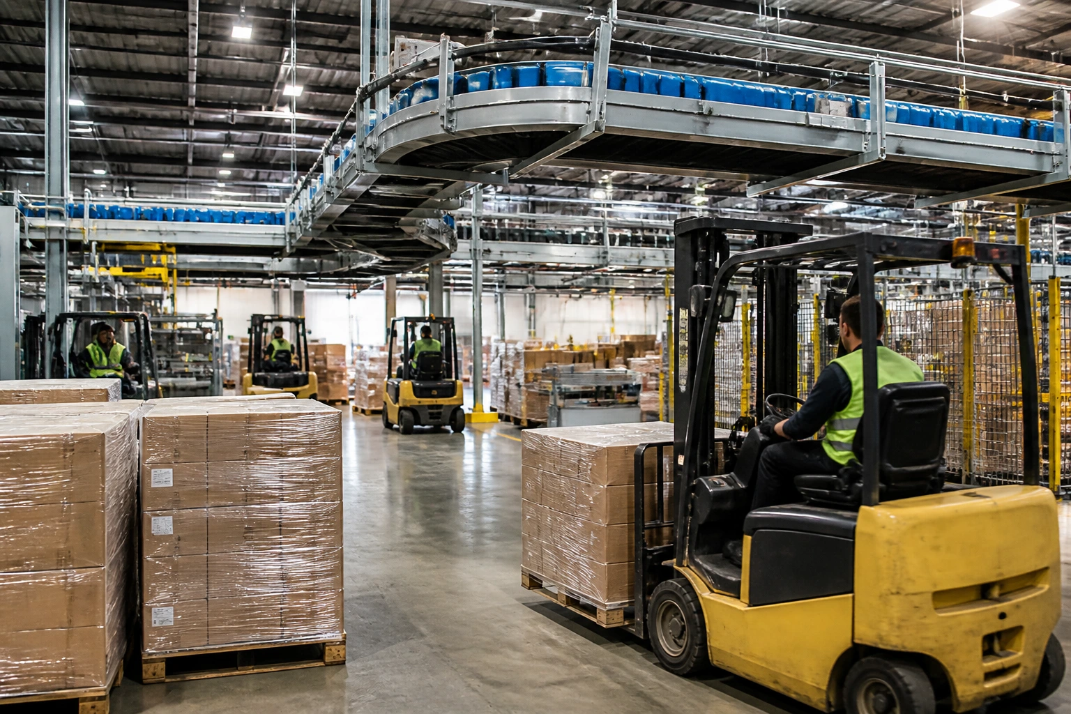 Close-up view of a busy UK distribution centre floor with pallets and forklifts