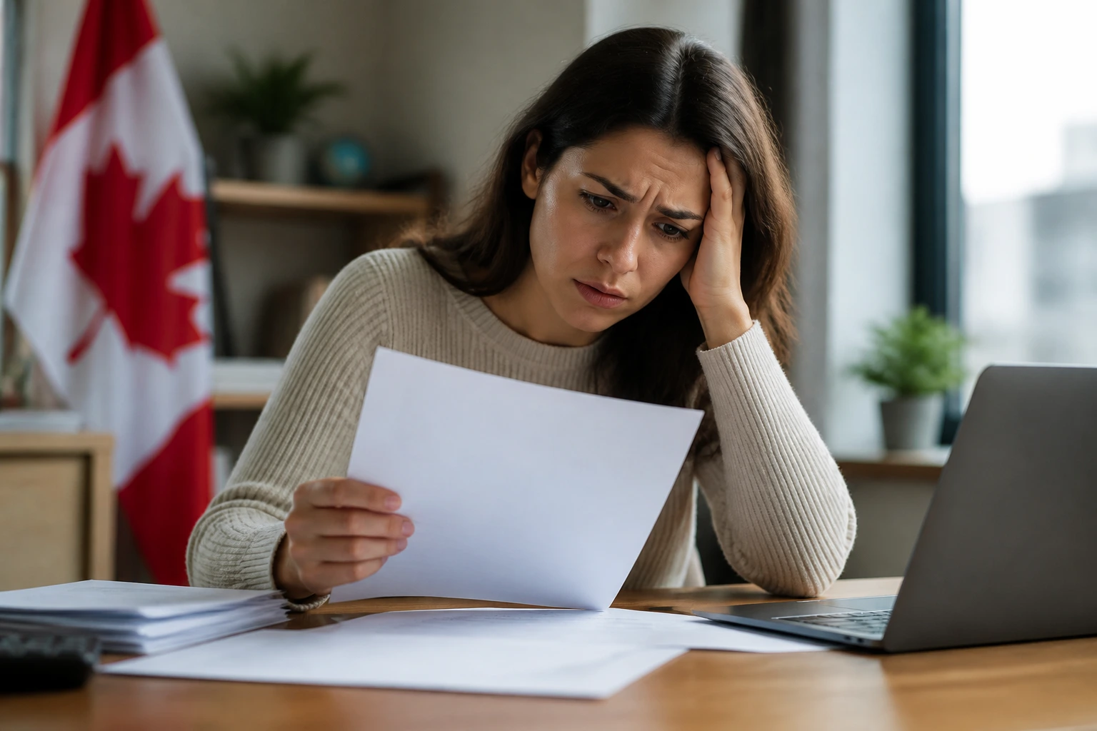 Worried person looking at blank immigration documents at a desk