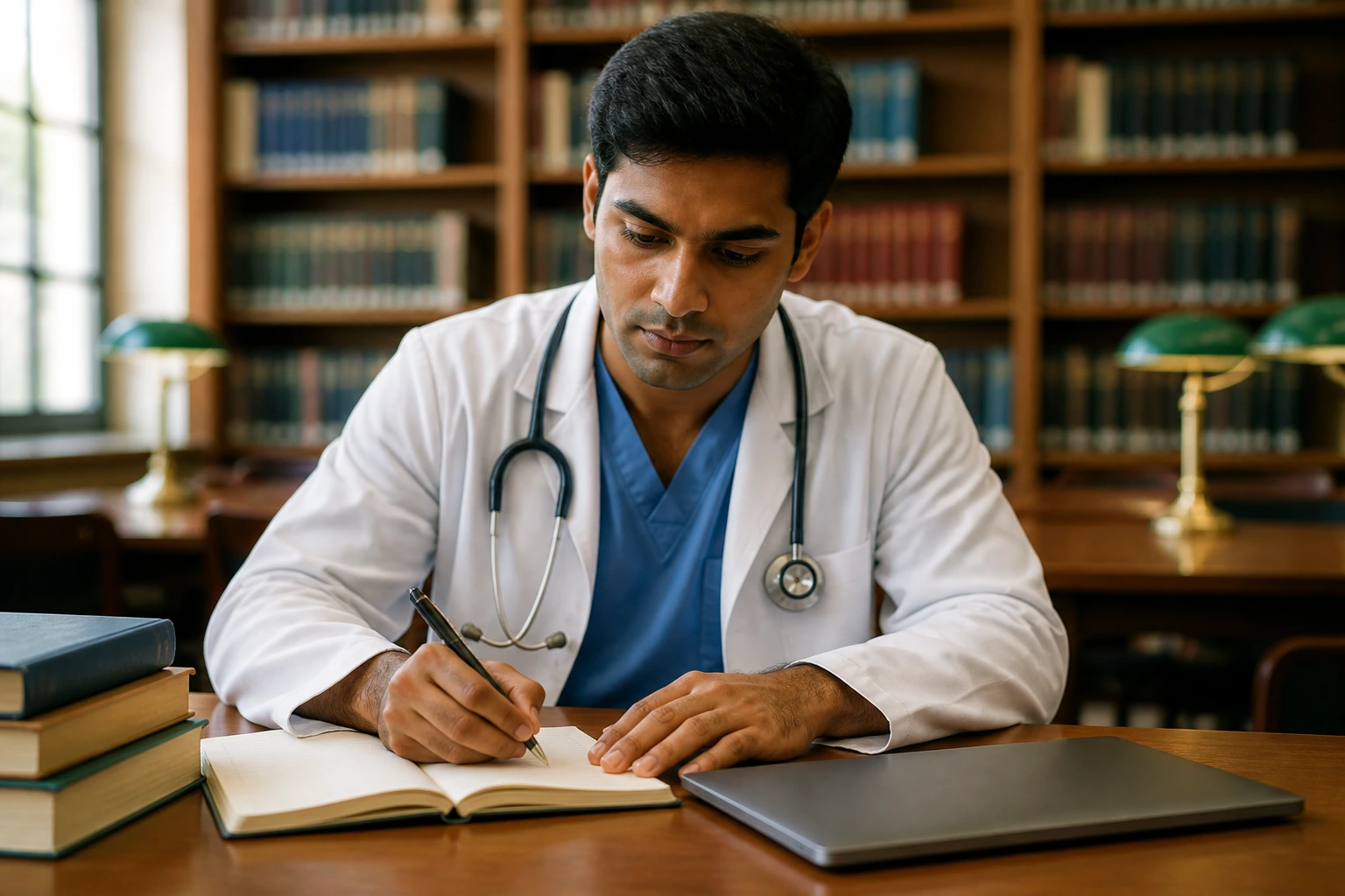 Doctor studying for AMC exams in library corner