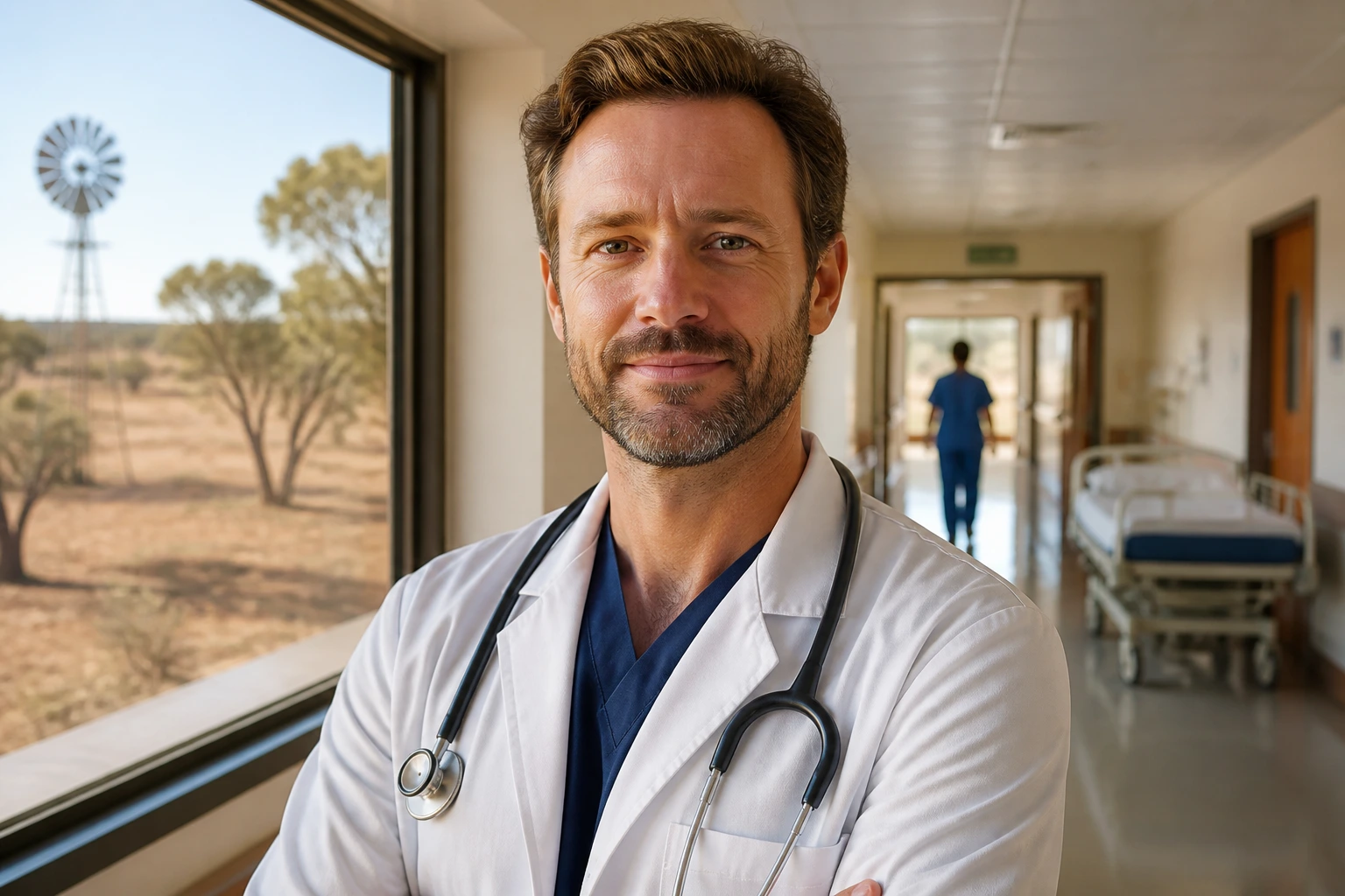 Close-up portrait of a real doctor in a rural Australian hospital corridor wearing a white coat and stethoscope