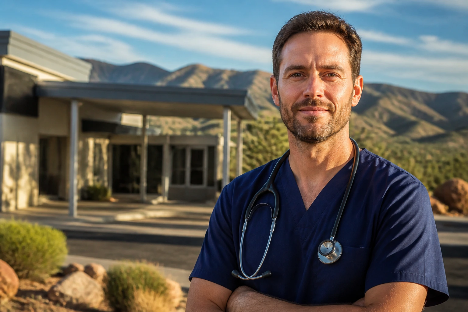 Doctor in rural hospital entrance with countryside backdrop