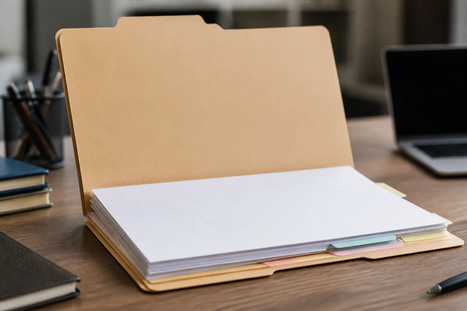 Open manila folder with blank papers on a desk