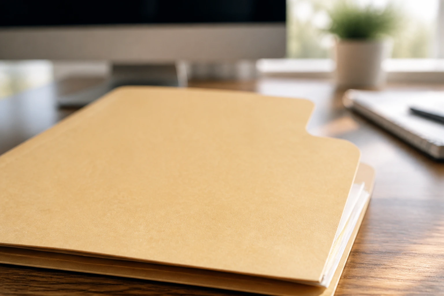 Close-up of a ready-to-submit document folder on an office desk