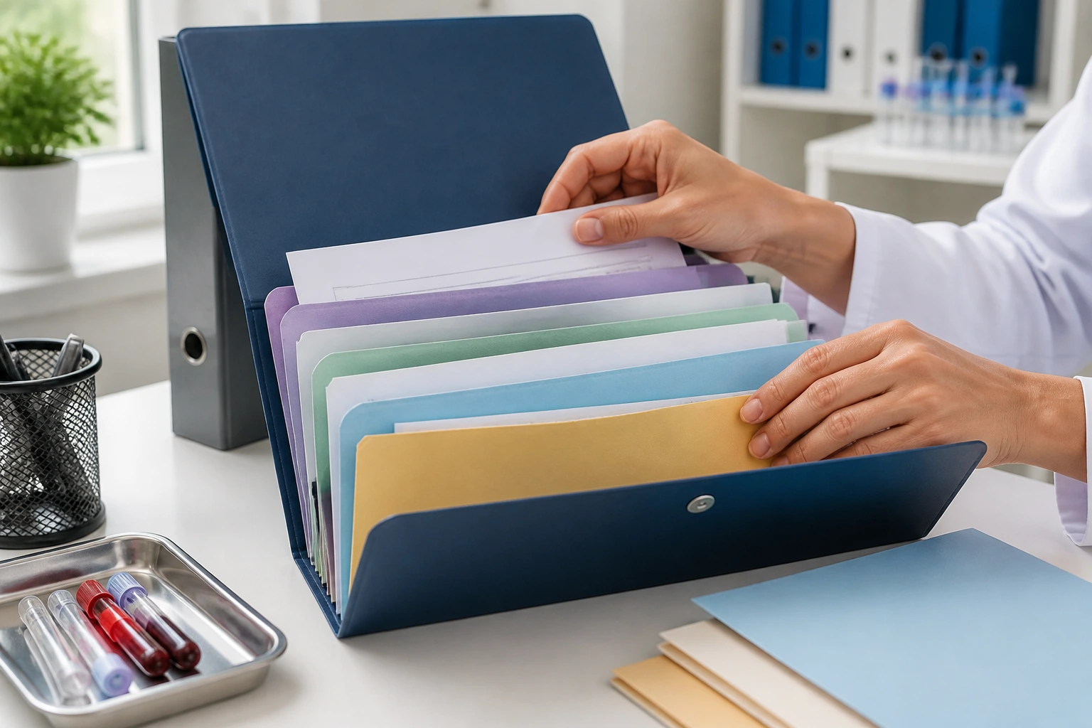 Professional organizing job application documents in an office