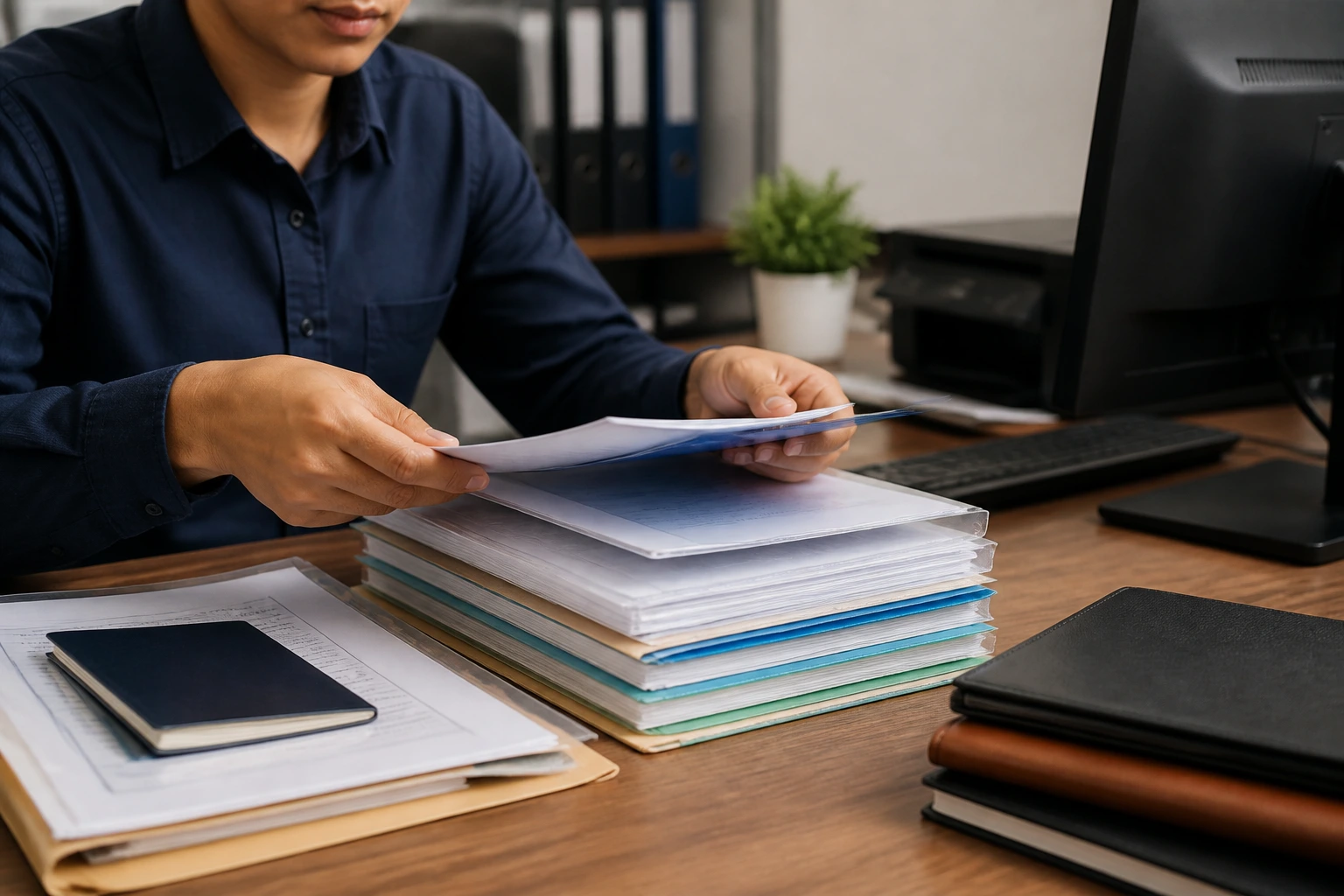 Person organizing documents and training certificates on a desk