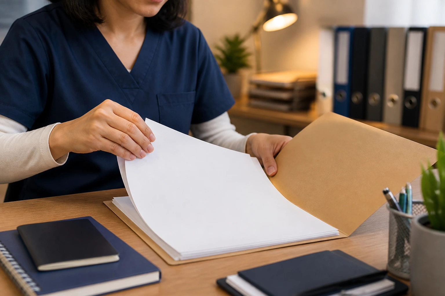 Person organizing blank documents at a desk