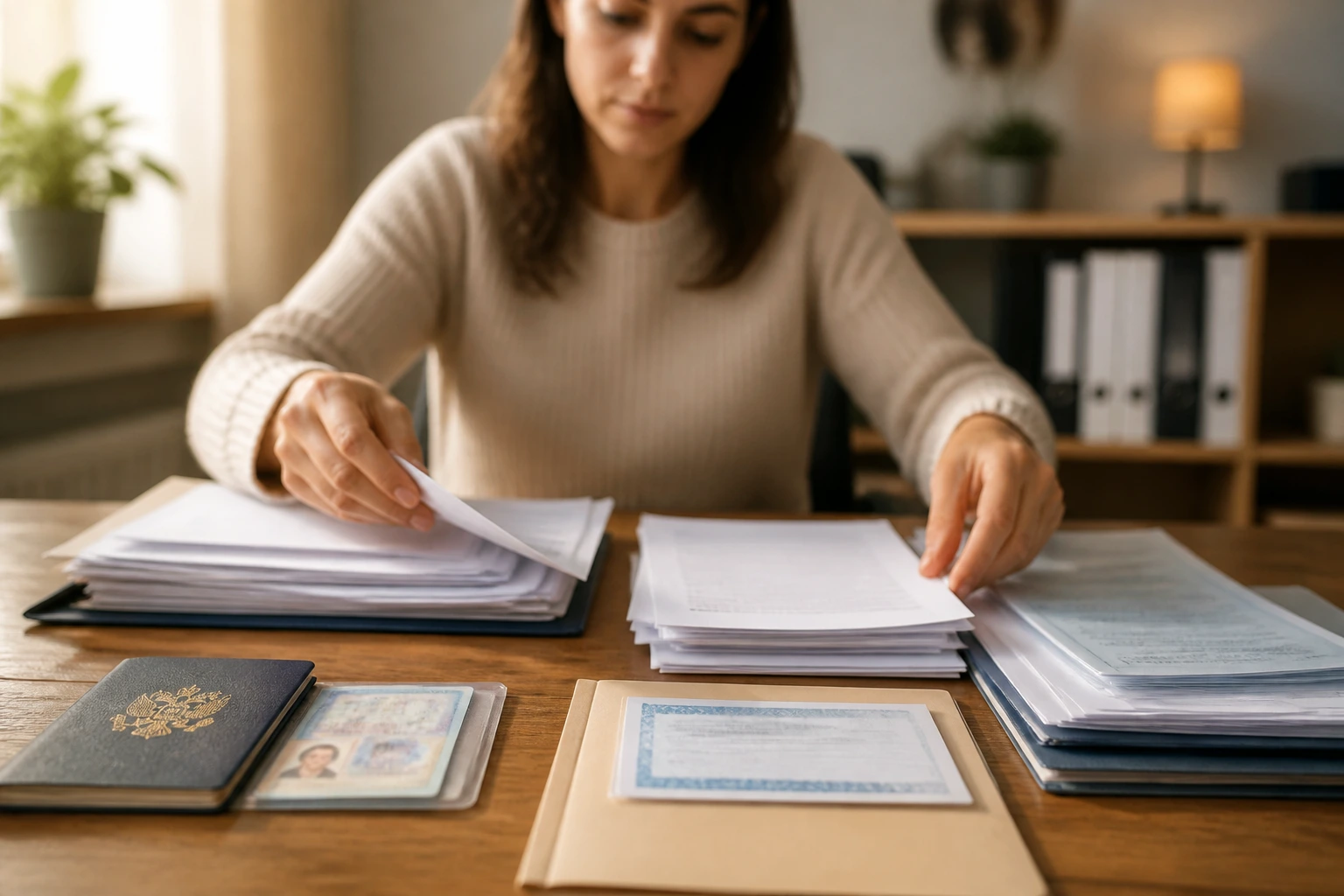 Person organizing visa documents at a desk for prep before legal consultation