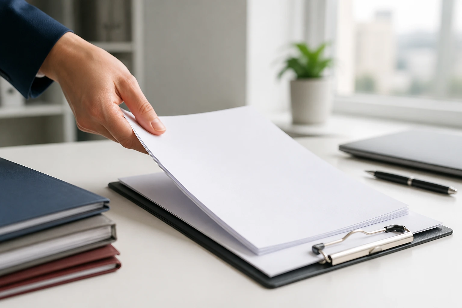 Close-up of blank official documents ready on a clipboard