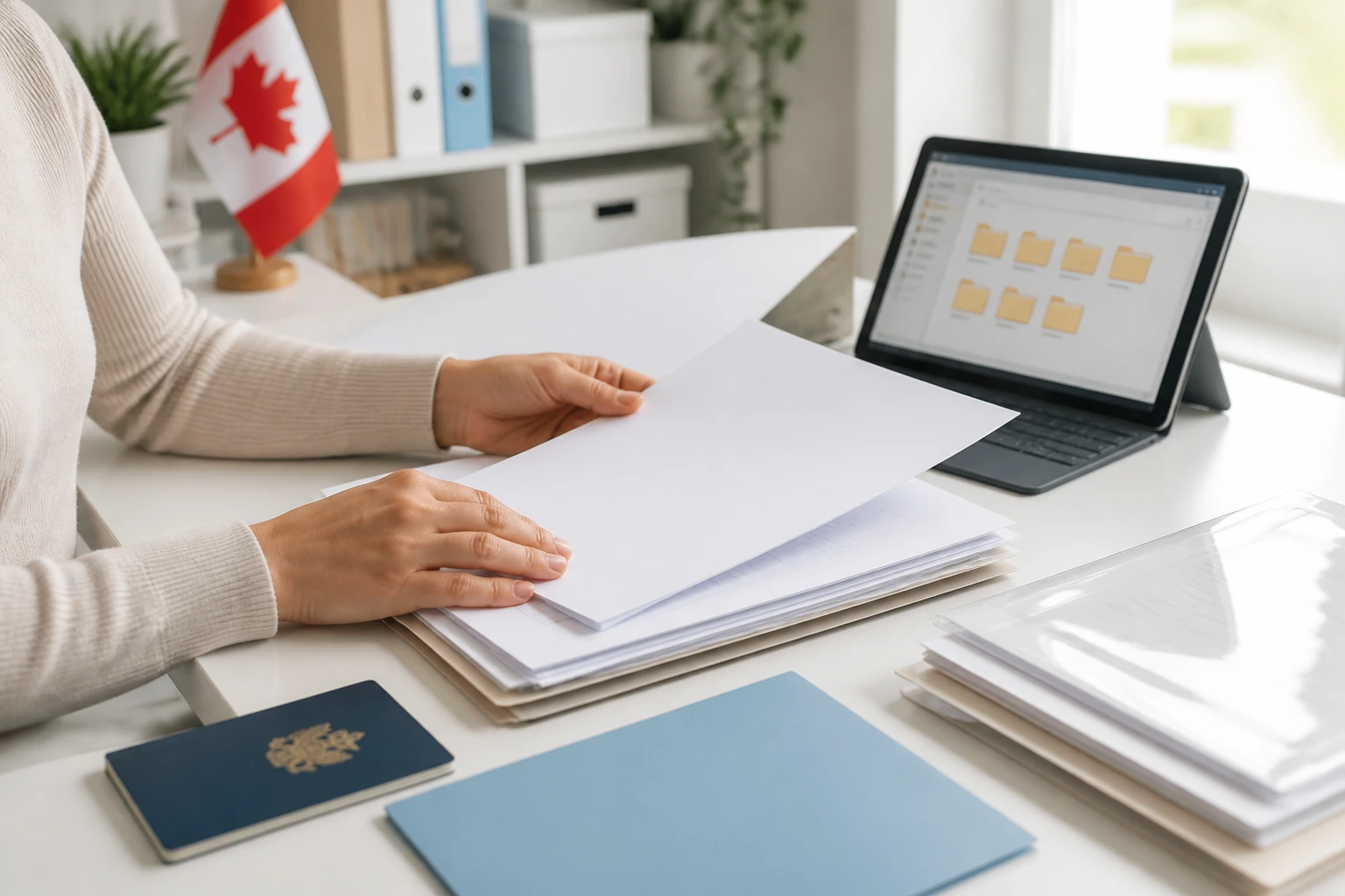 Close-up of hands organizing documents on a desk in a bright home office