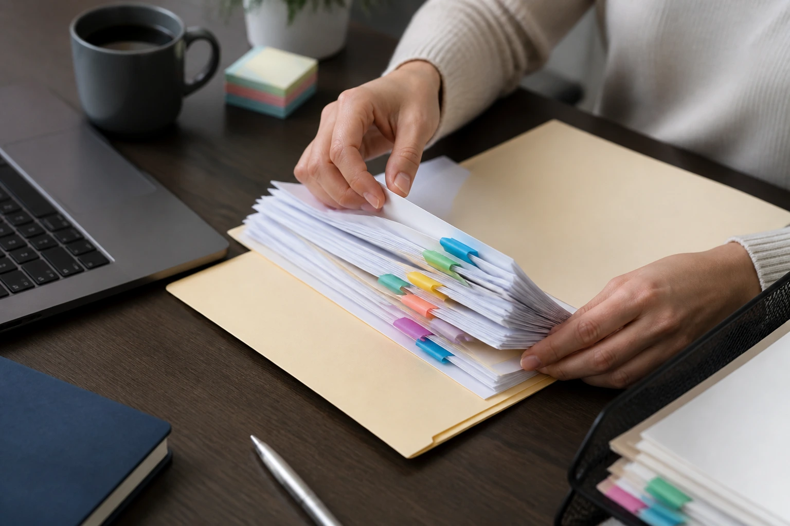 Hands organizing documents with colored tabs for a sponsorship packet