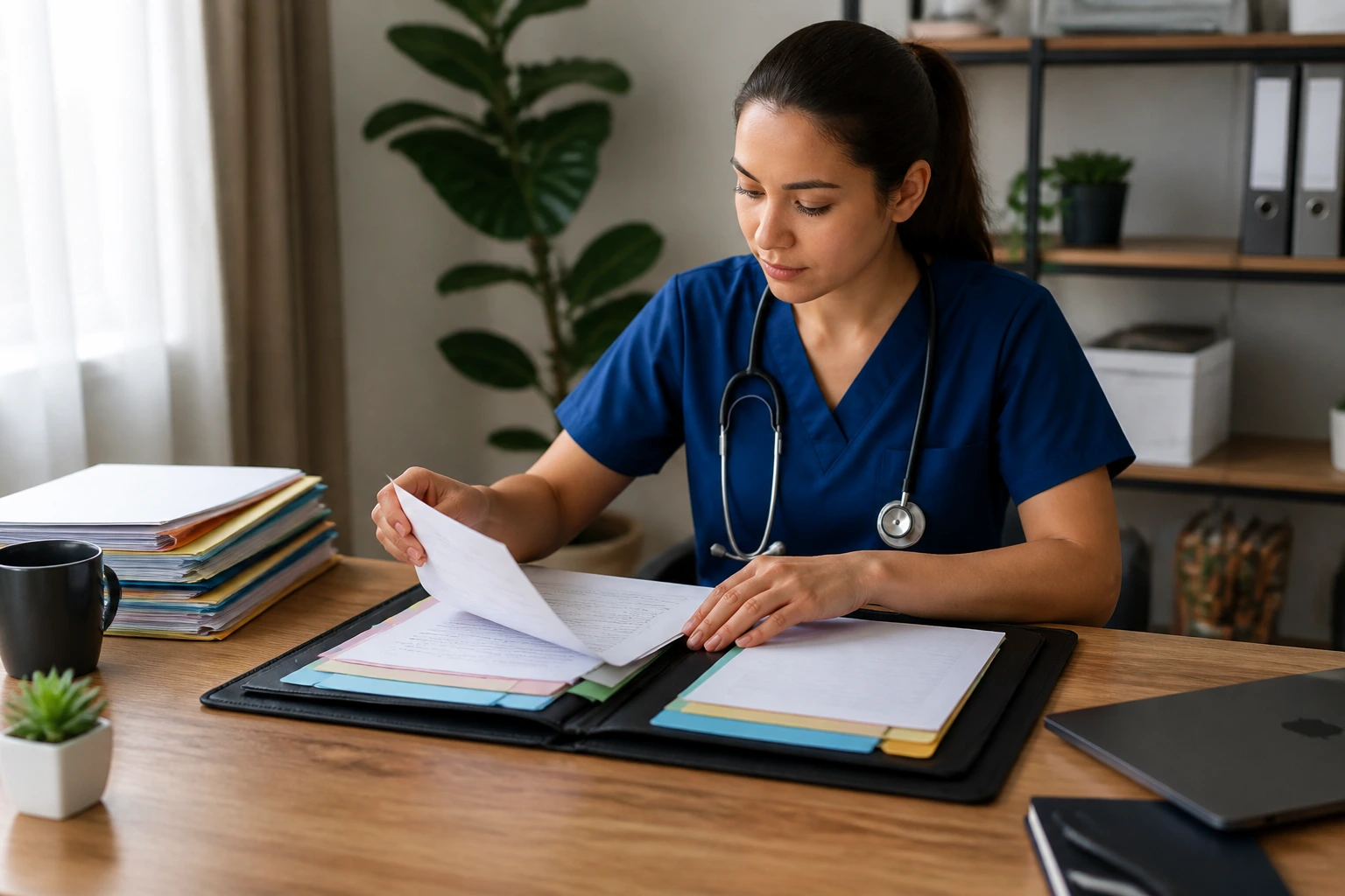 Person organizing documents at a tidy desk for visa prep