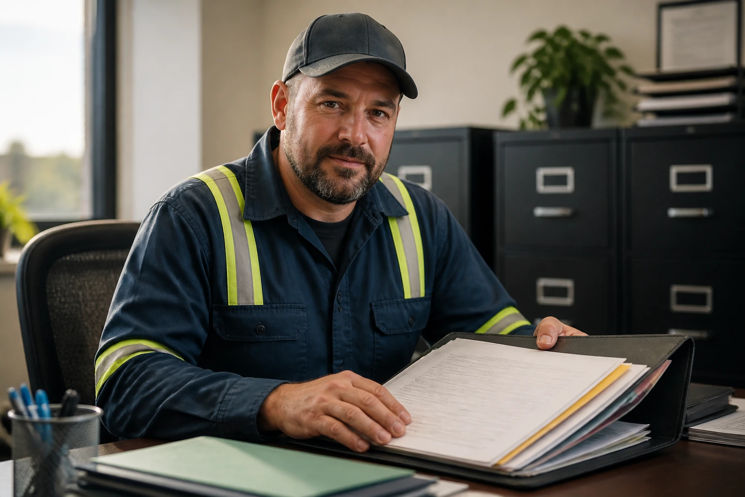 Driver at desk with documents in an office setting.