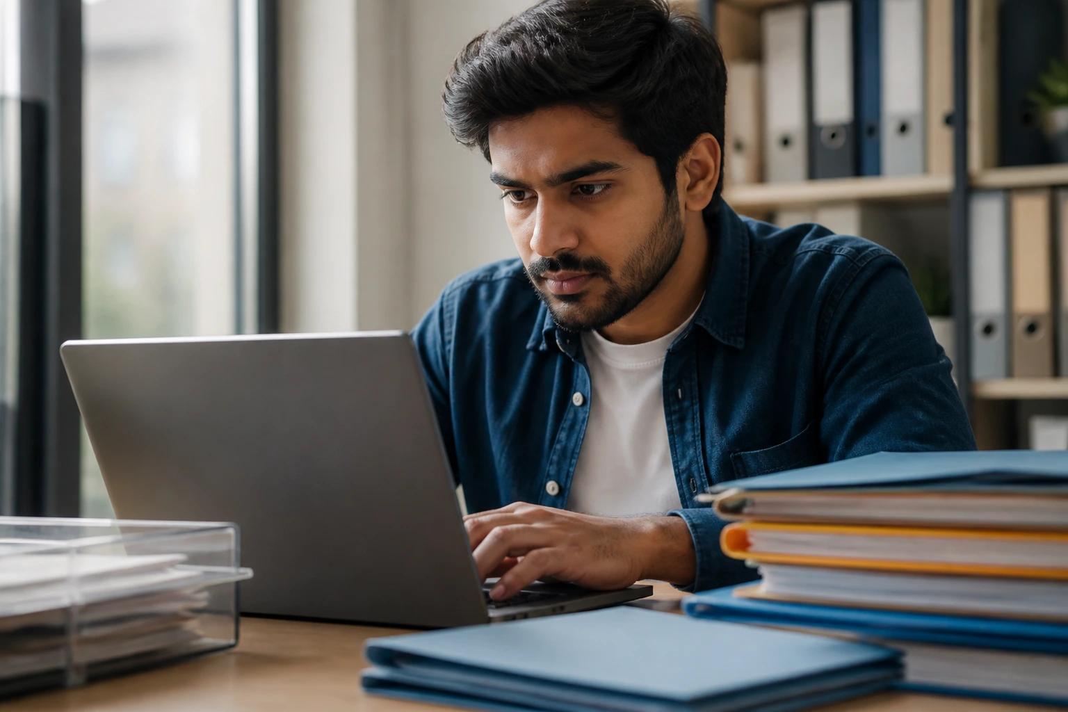 Close-up of a person organizing digital documents for visa sponsorship on a laptop