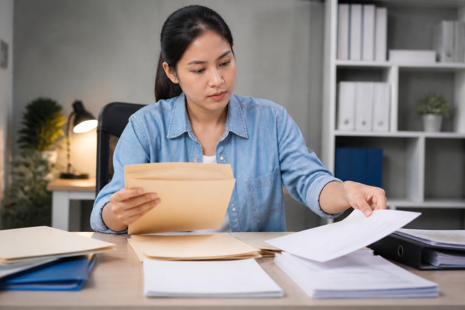 Person organizing blank documents at a desk