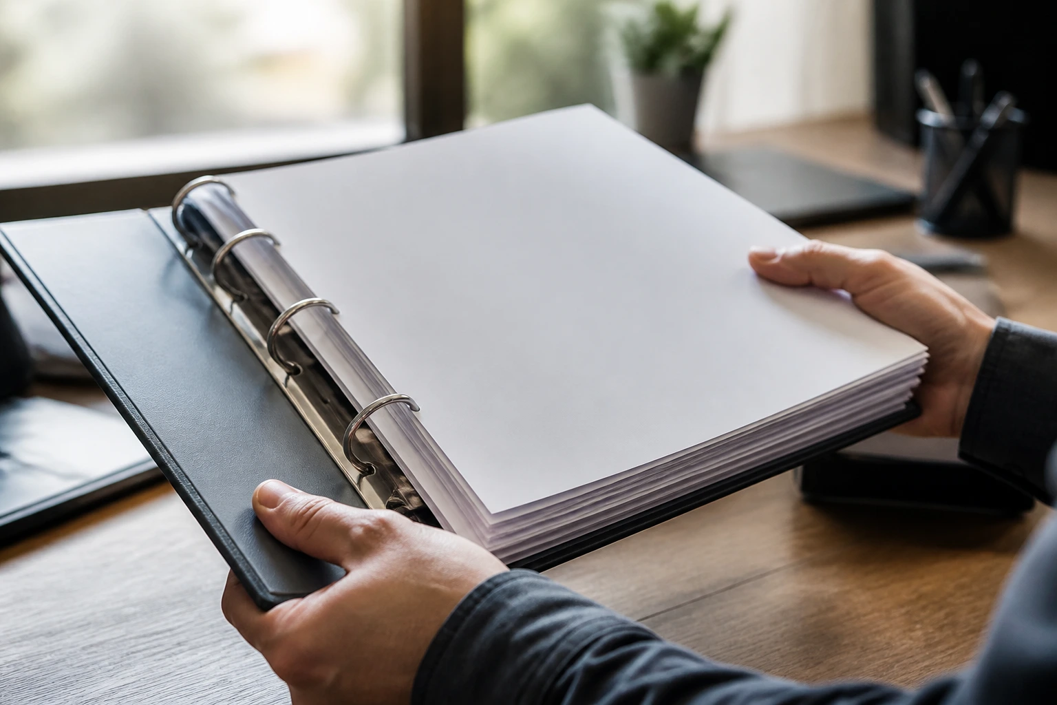 Close-up of binder with blank documents on a desk, representing initial employer document requests