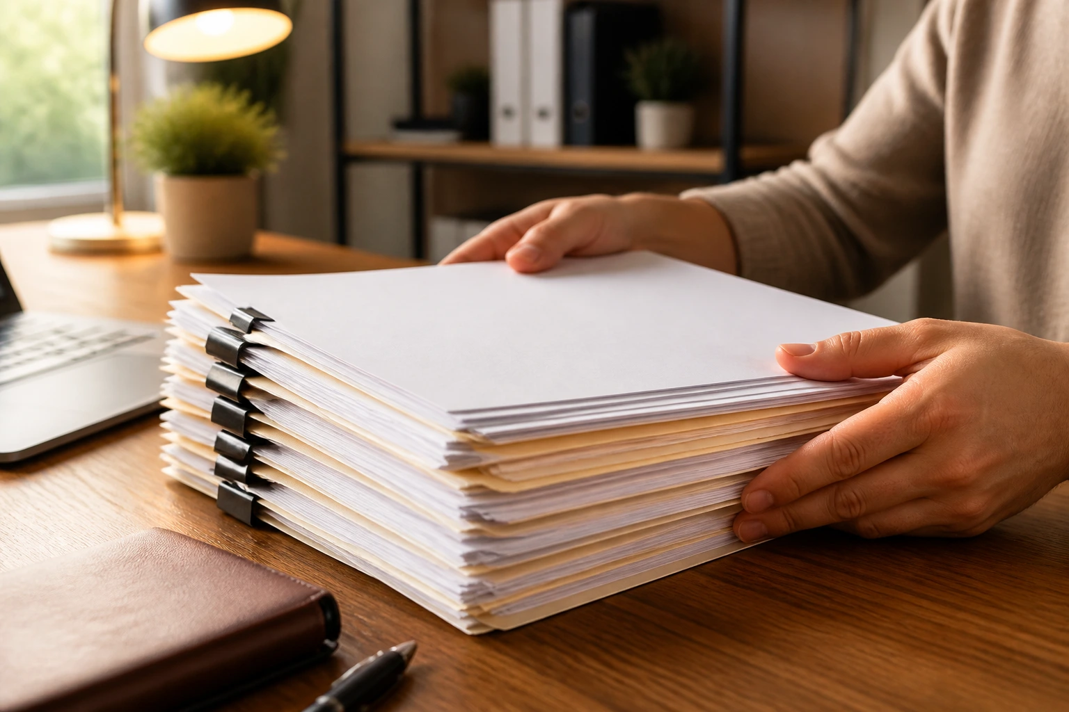 Close-up of hands arranging blank documents on a wooden desk in a warm home office.