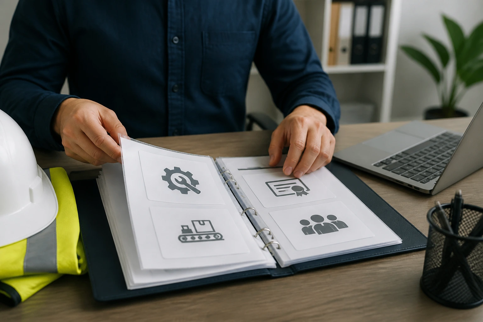 Candidate's hands organizing a binder with icons for qualifications