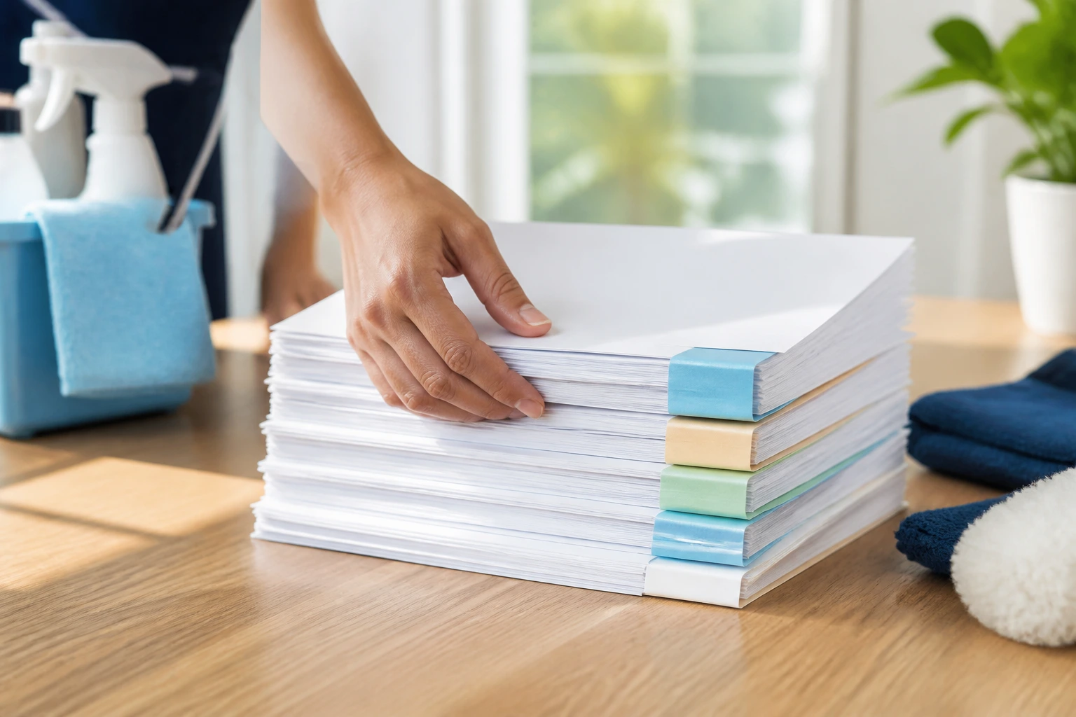 Close-up of a hand organizing blank documents on a desk in a bright office.