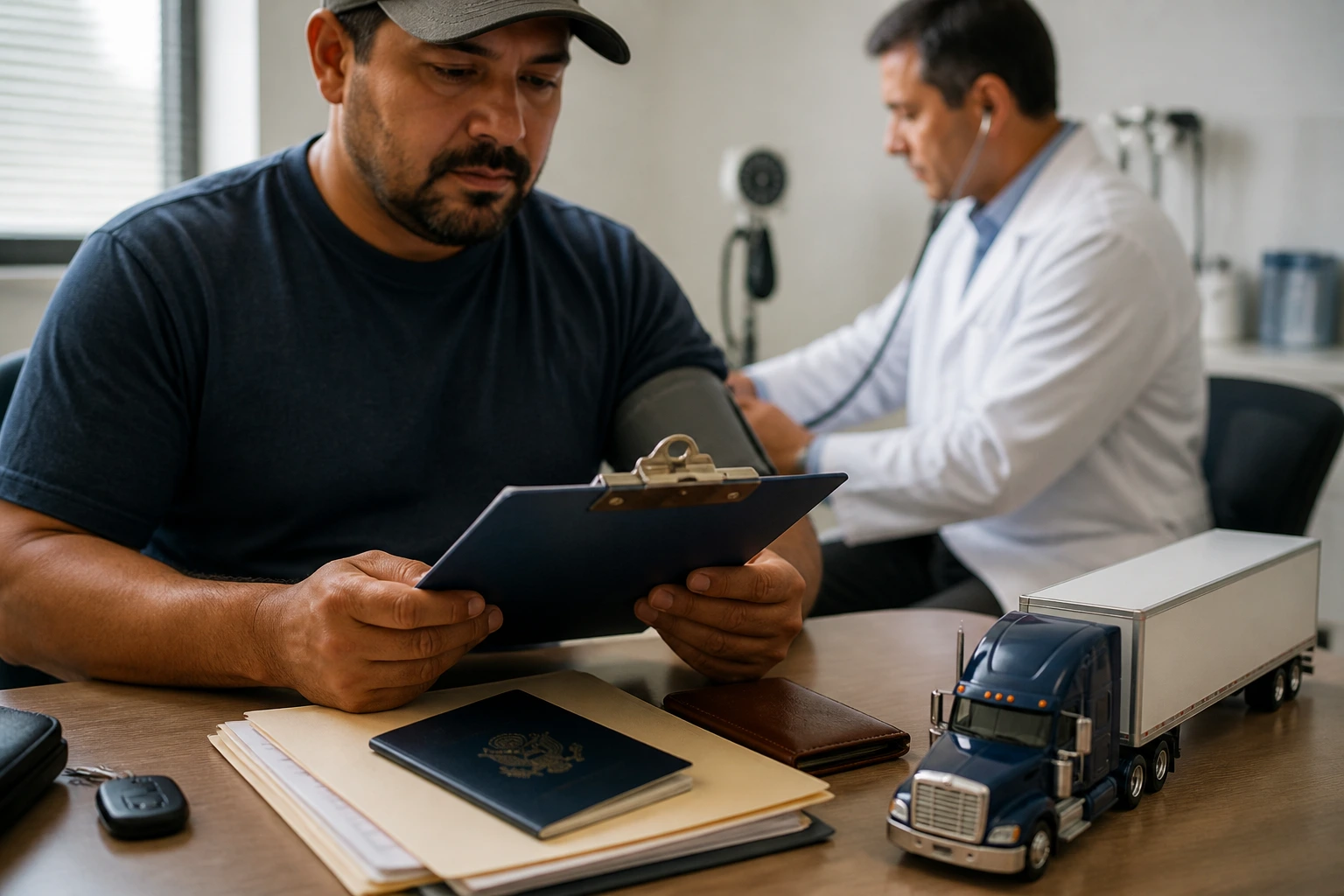 Driver in a clinic setting with clipboard for DOT checks
