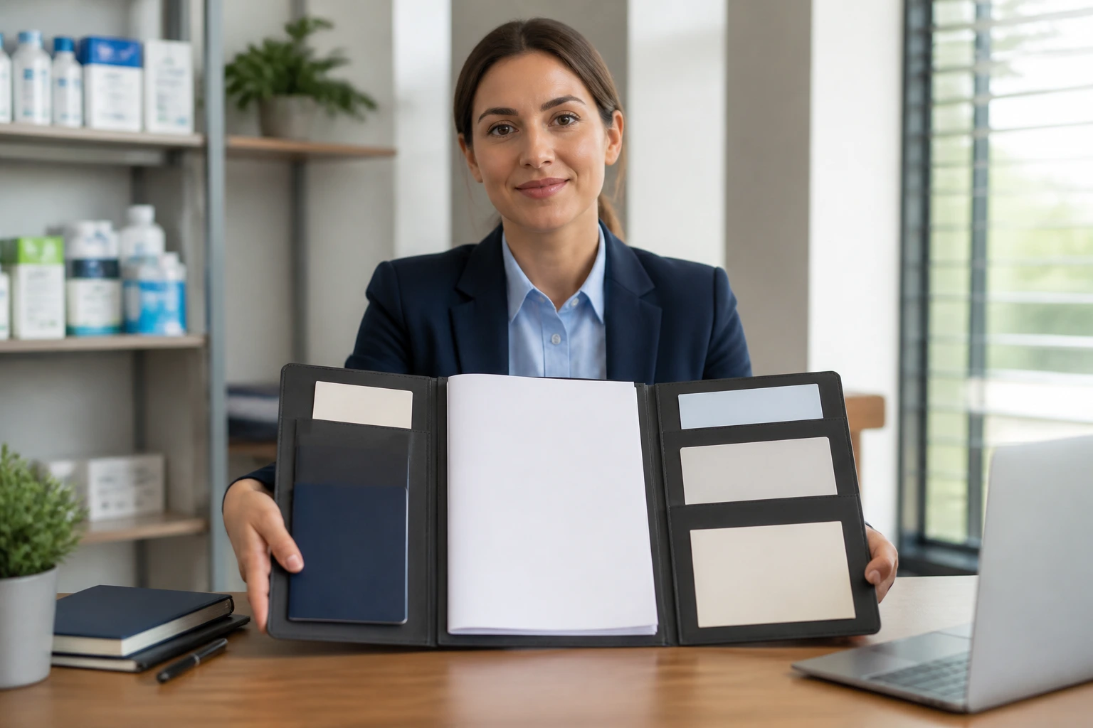 Professional presenting a neat folder of blank documents on a desk
