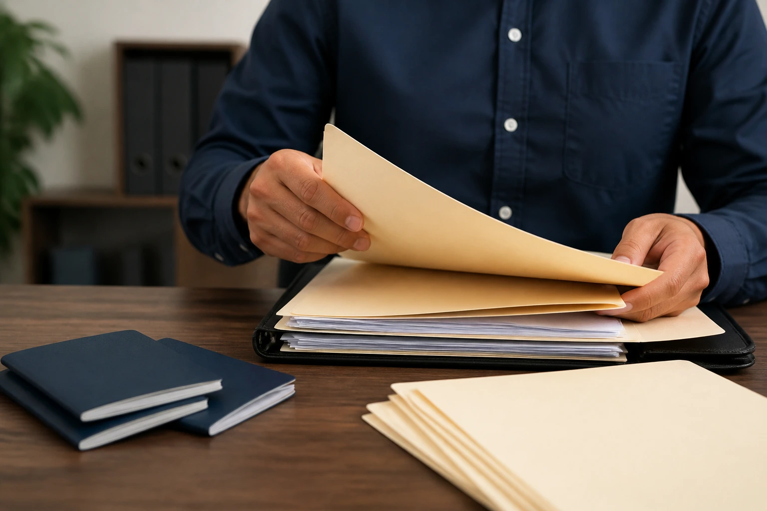 Person handling blank folders on a desk in an office