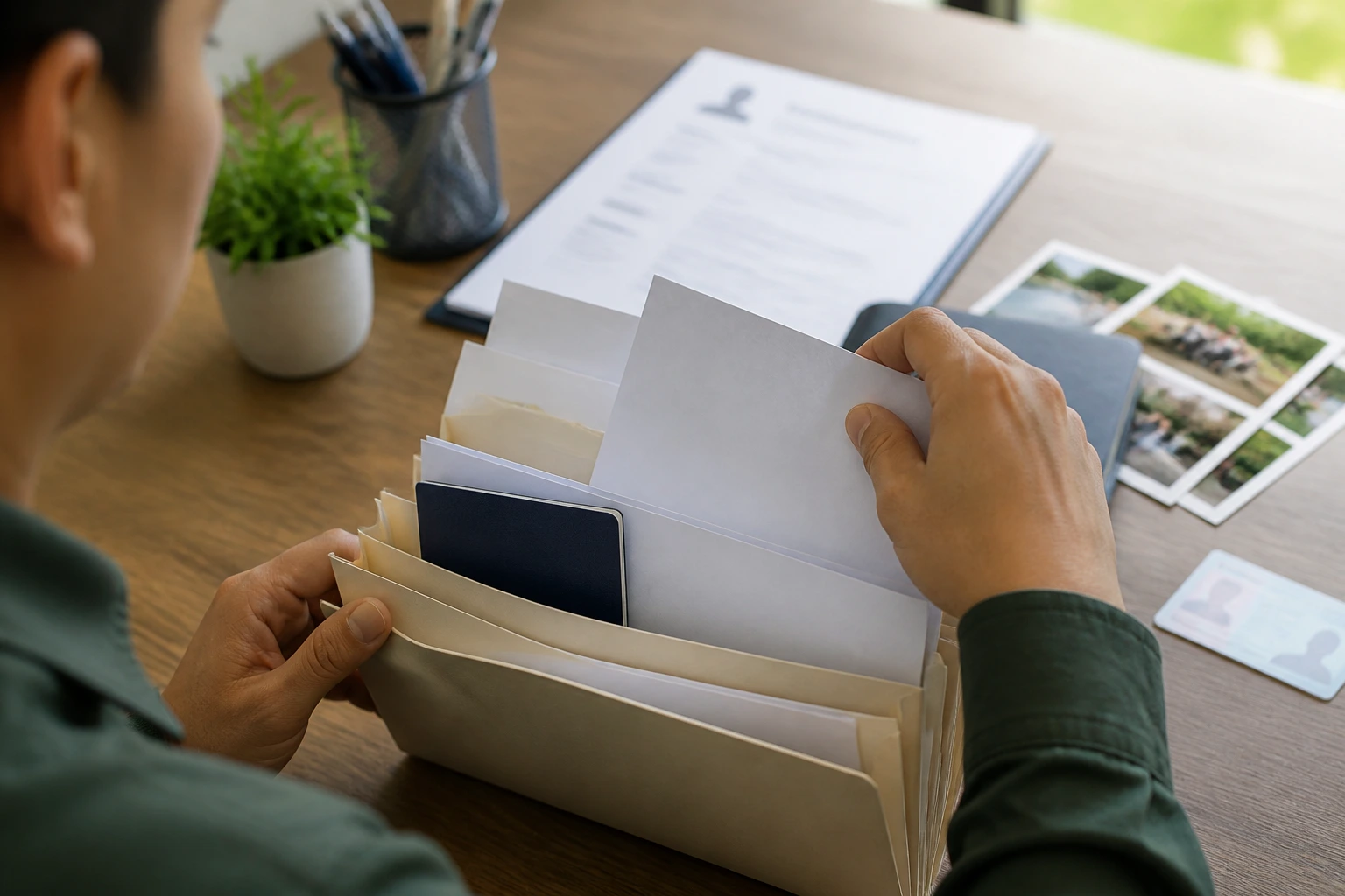 Close-up of hands organizing documents on a desk with a passport silhouette and blurred resume.