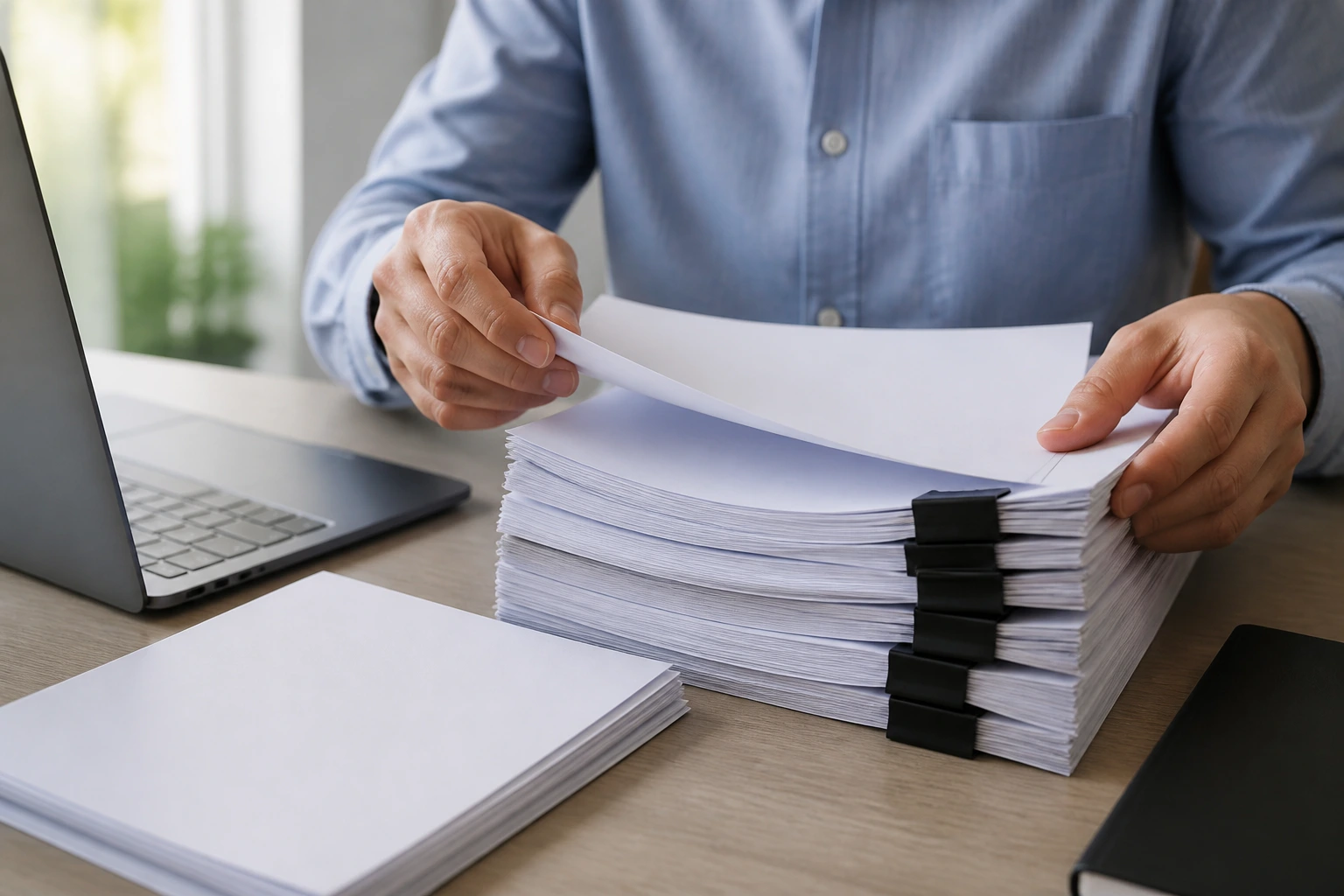 Hands sorting blank immigration documents on desk