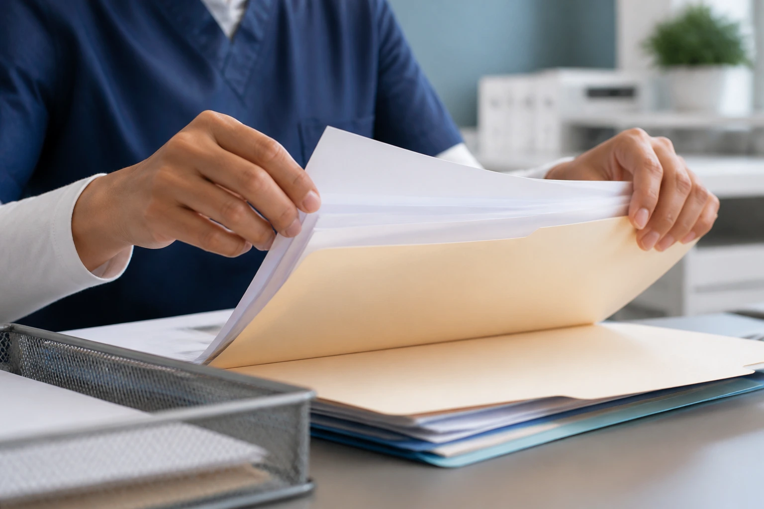 Hands organizing a folder of blank documents in an office.