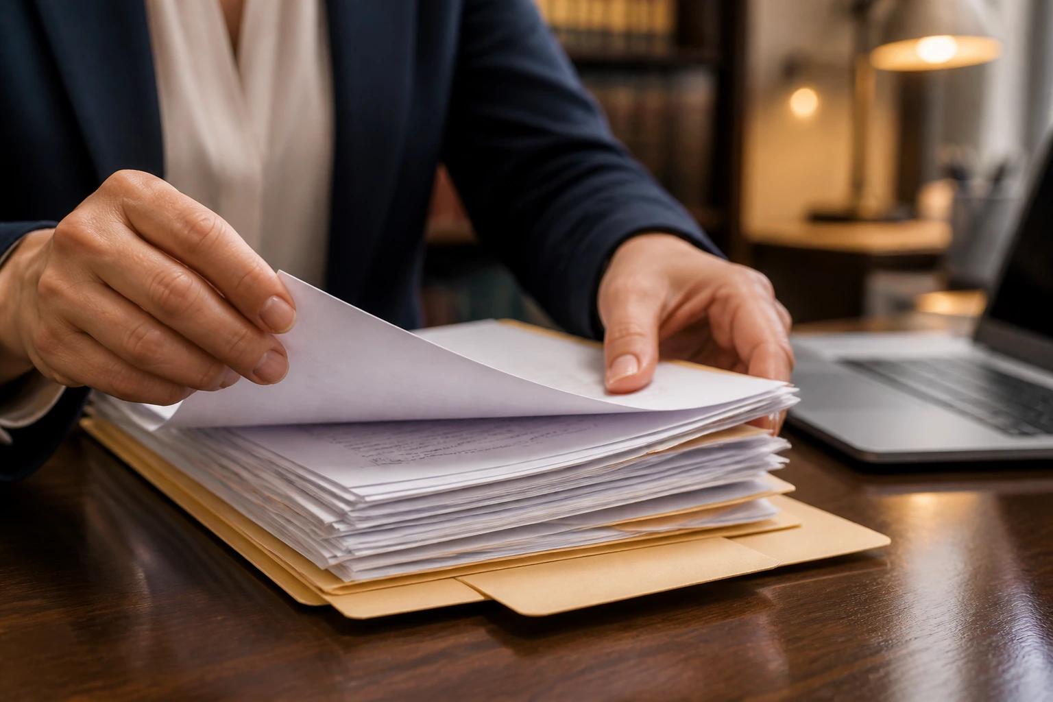 Close-up of a person sorting papers in an office to support legal sponsorship
