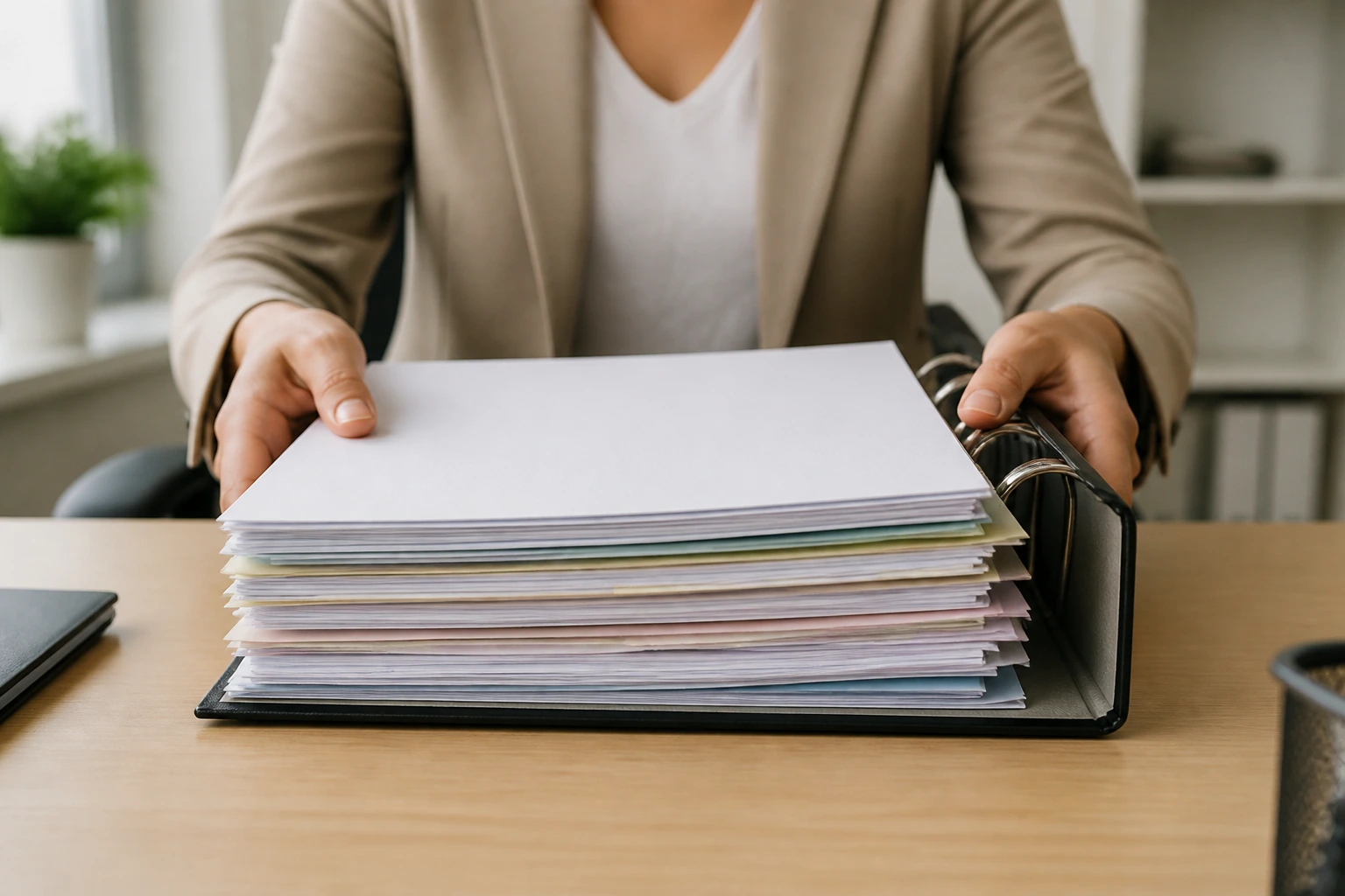 Hands presenting a neat binder of documents on a desk