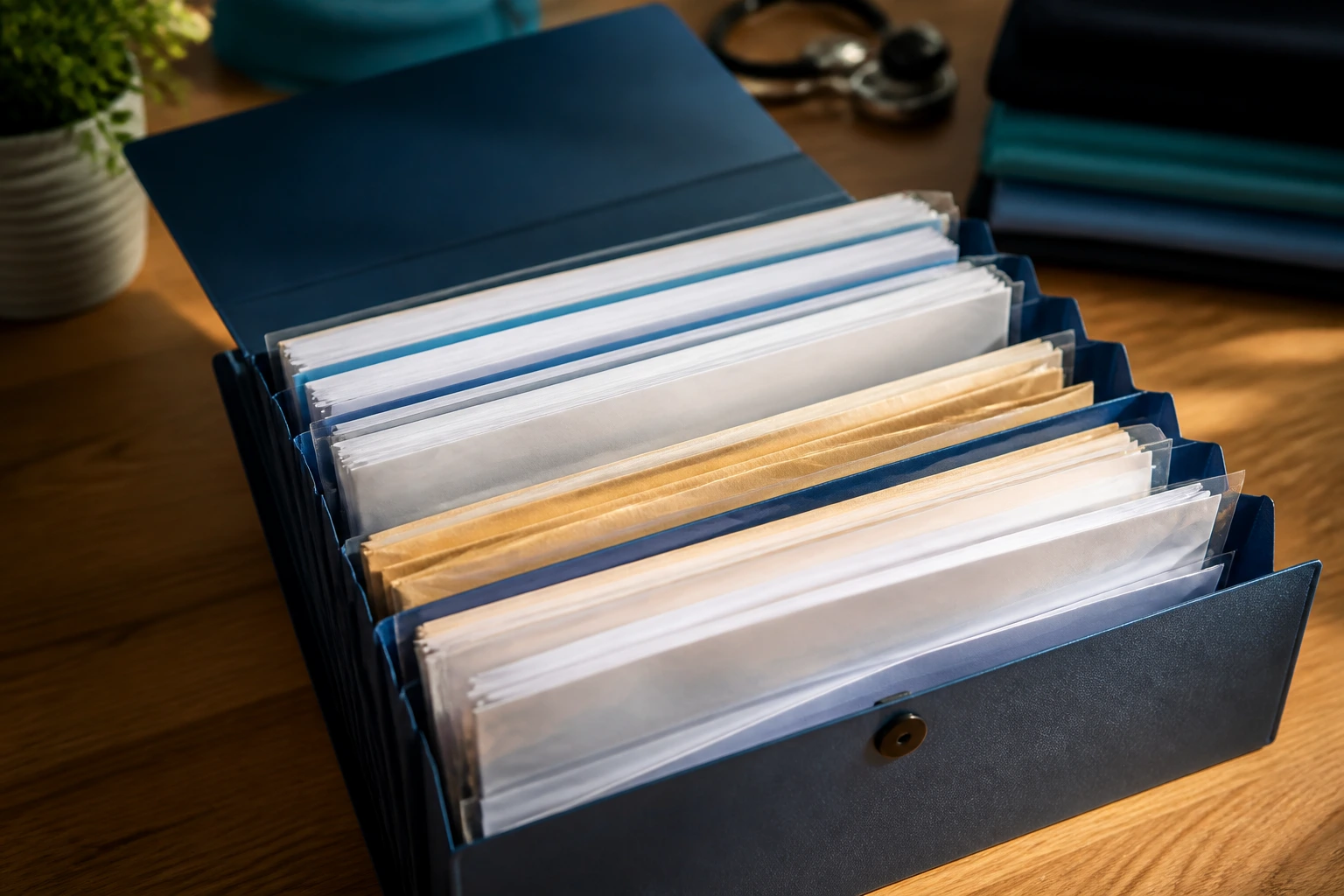 Close-up of a folder with documents on a desk, no readable text, organized for nursing visa application