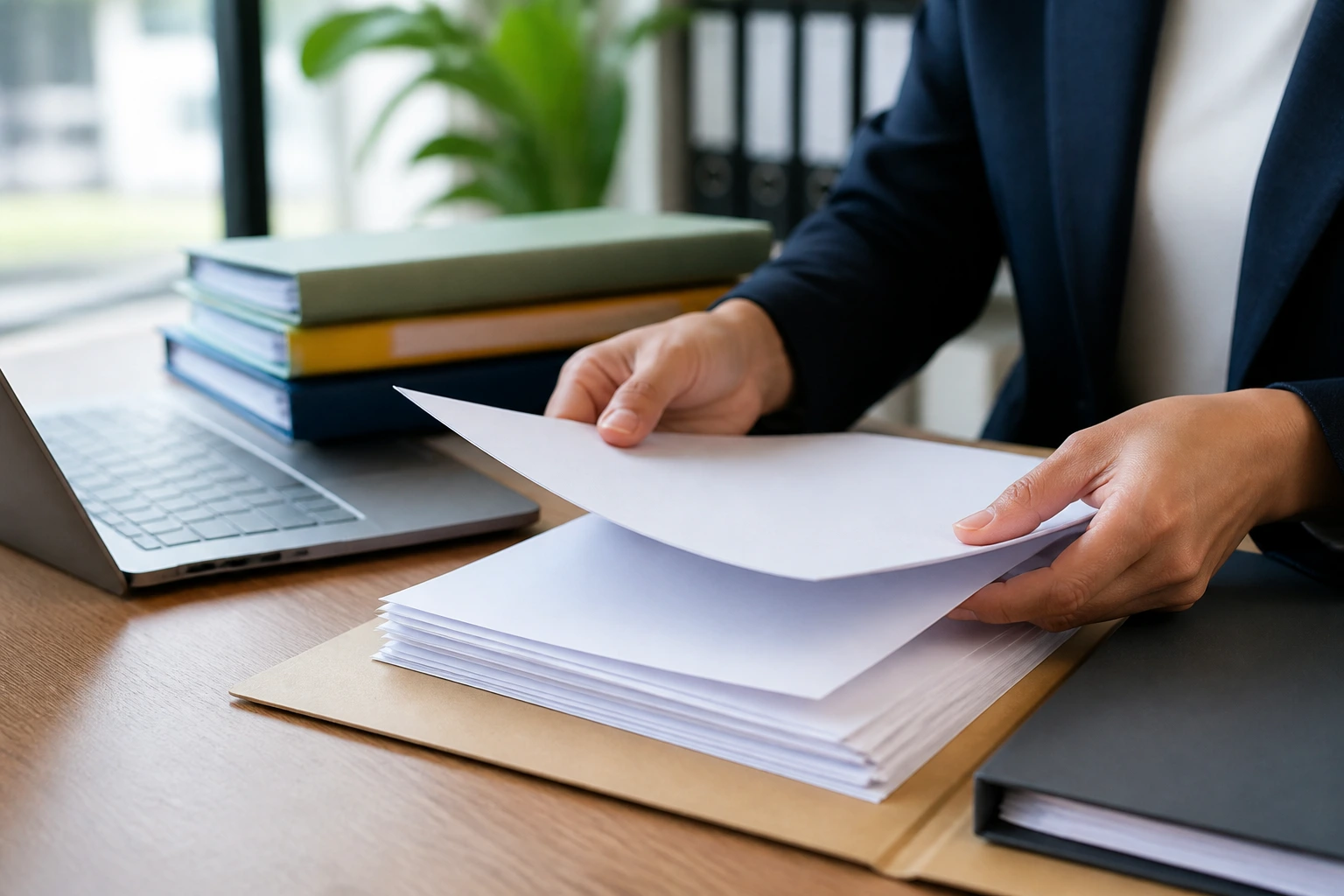 Hands organizing blank documents on a desk in an office
