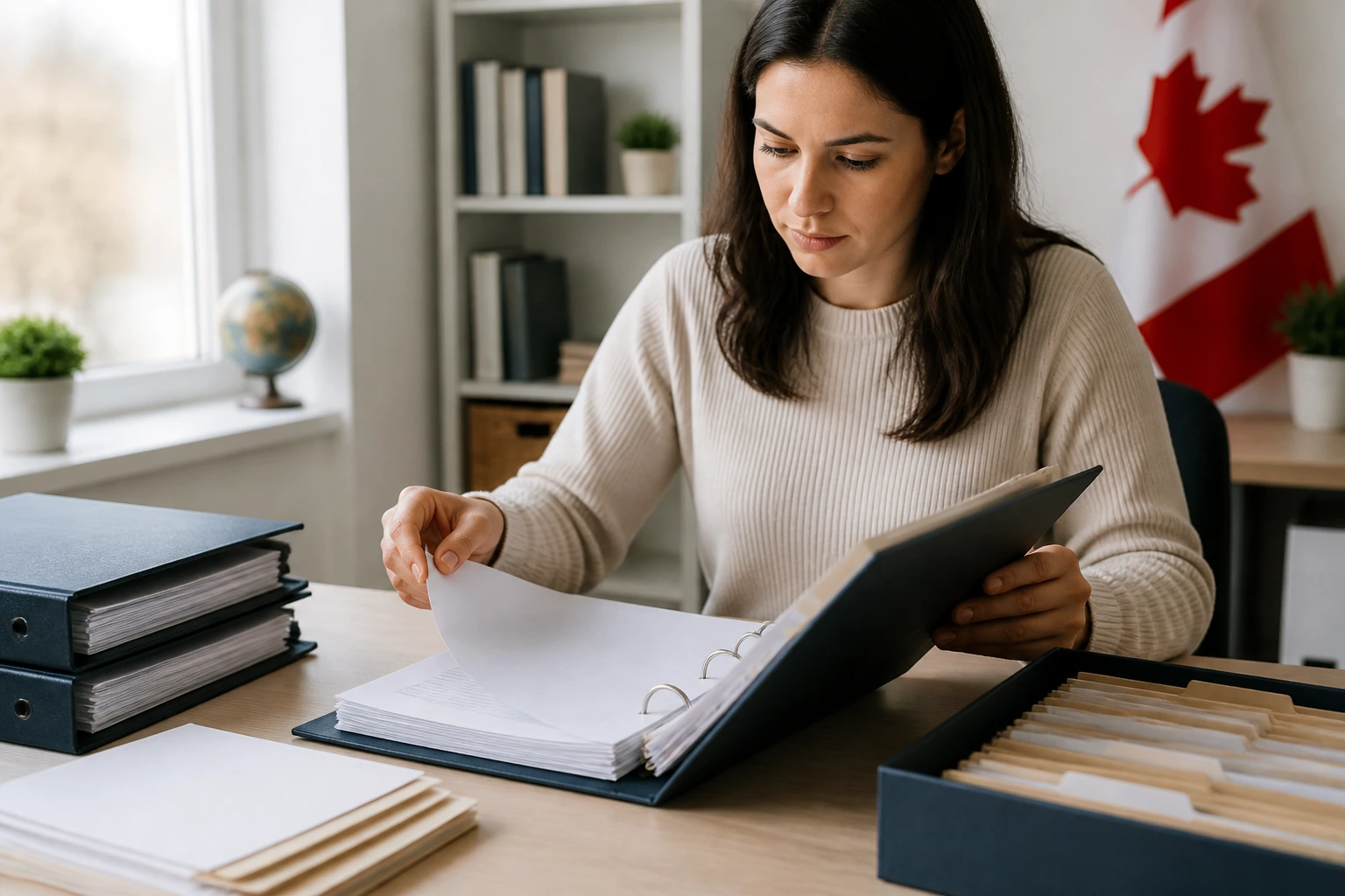 Person organizing binder and blank documents for day-one file master
