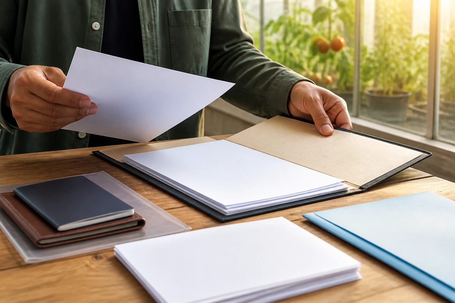 Hands organizing blank documents and a folder for job applications
