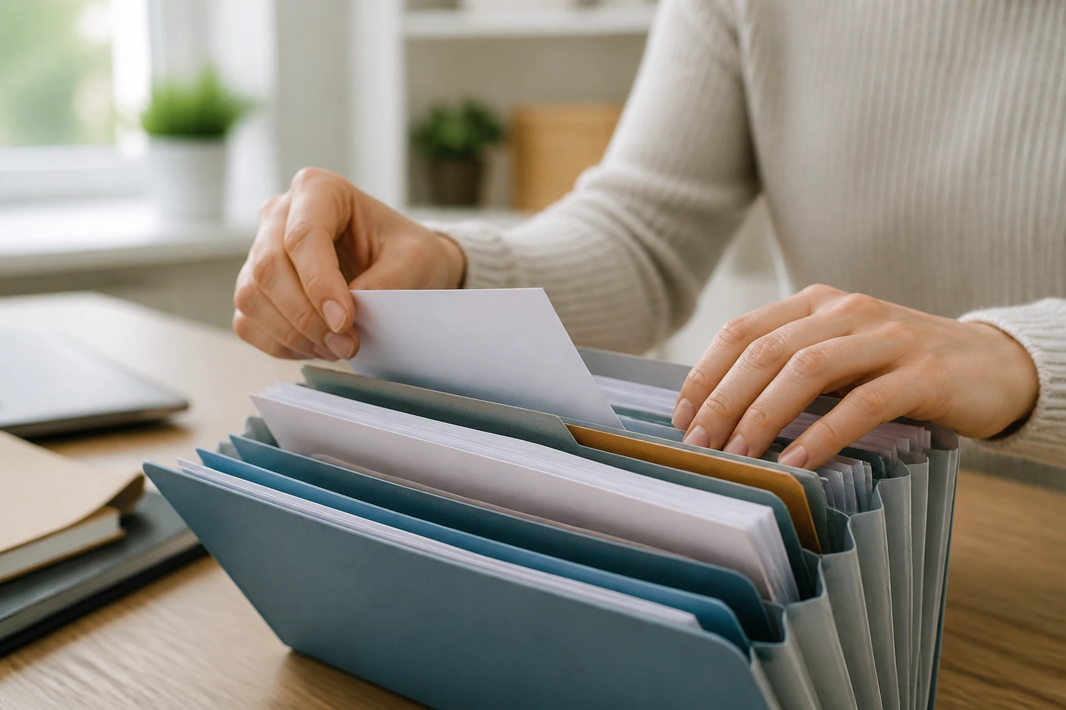 Hands organizing papers in a folder on a desk