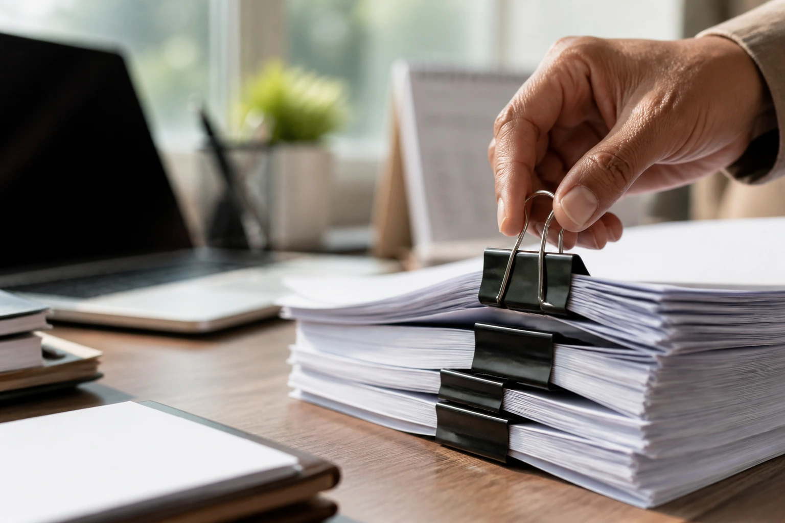 Close-up of blank documents on a desk with a hand organizing them, no text visible