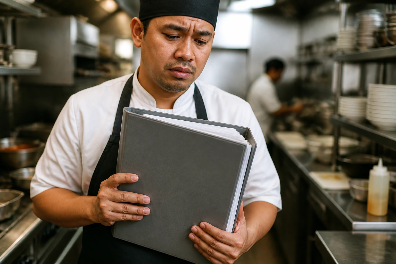 Cook holding blank folder in kitchen, representing paperwork delays