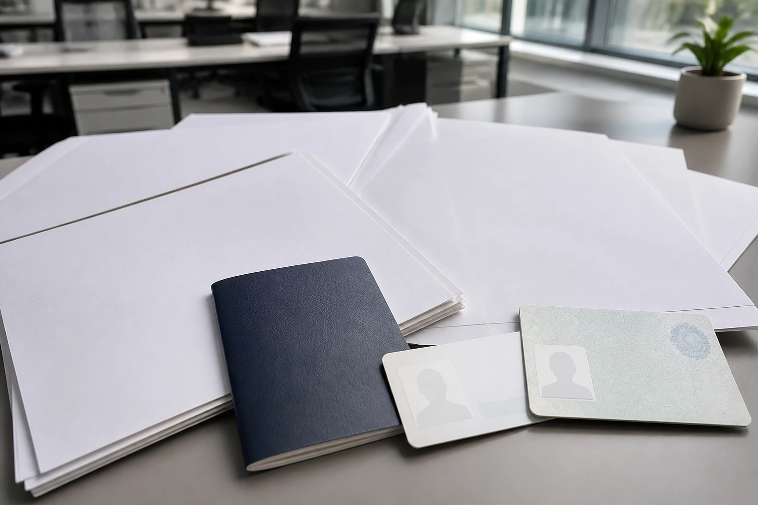 Close-up of blank documents and passport silhouette on a desk