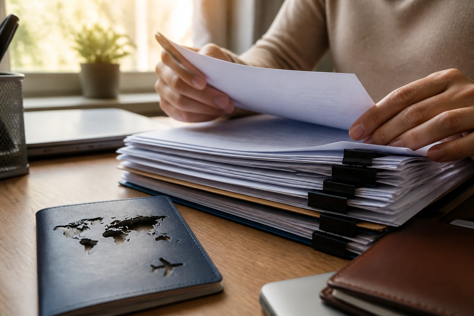 Close-up of hands organizing blank documents and a passport silhouette on a desk