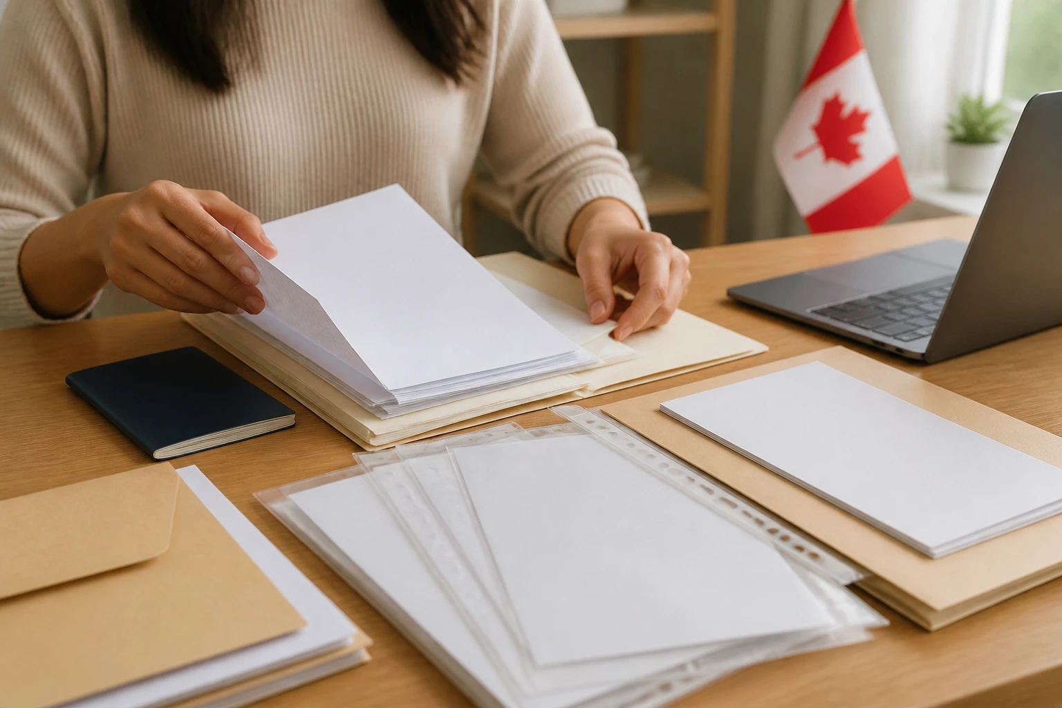 Person organizing application documents in a home office.