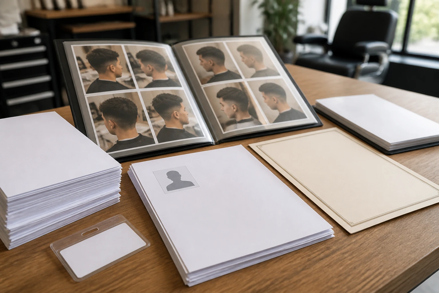 Close-up of blank documents and a barber portfolio on a desk for sponsorship prep