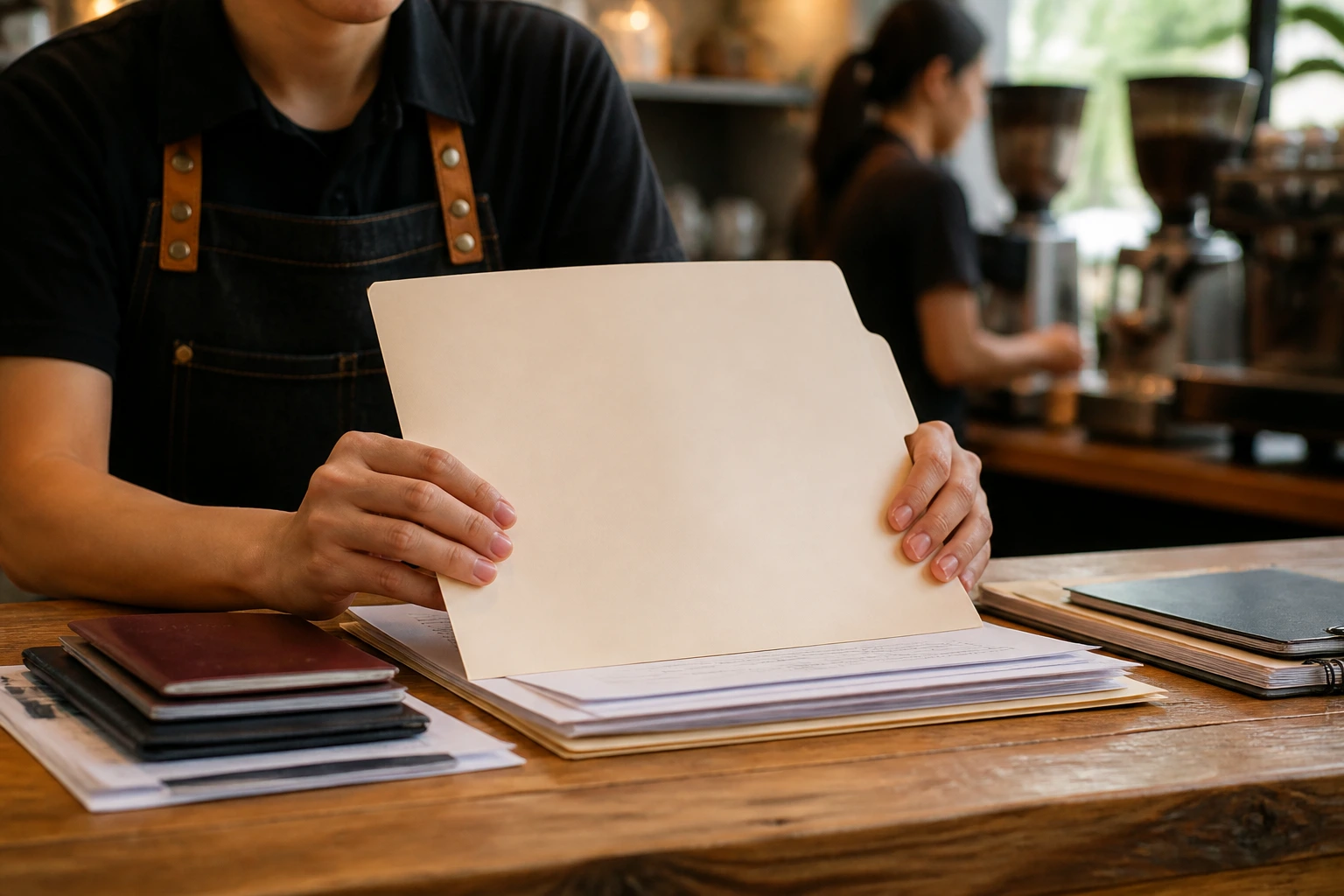 Hands with a blank folder on a cafe desk