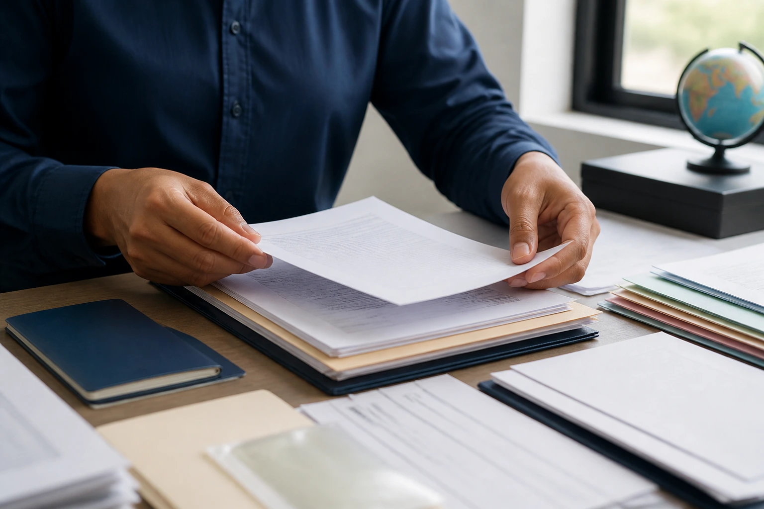 Hands organizing documents on a desk for EB-3 filing preparation.