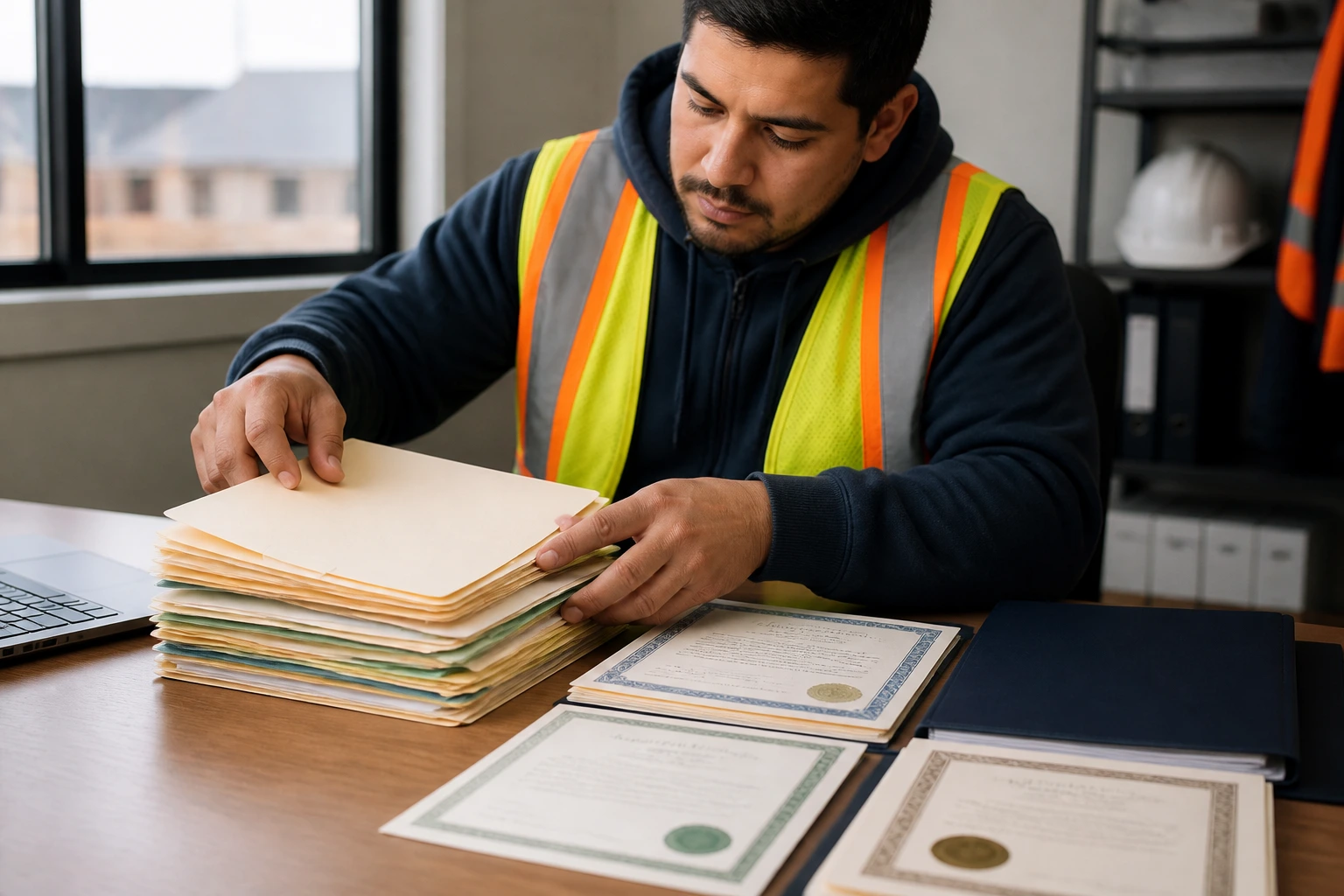 Worker sorting organized folders and generic certificates on a desk
