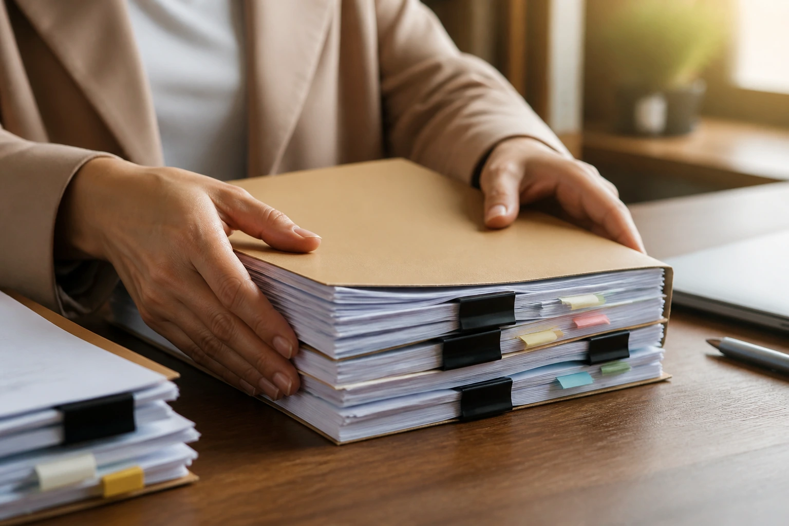 Hands organizing a thick folder of documents on a desk