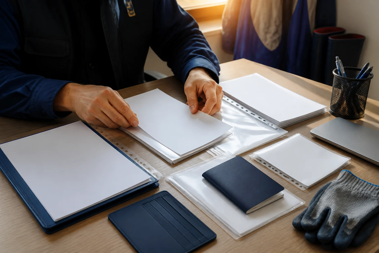 Close-up of hands organizing blank documents on a desk to illustrate ready paperwork for seafood plant jobs