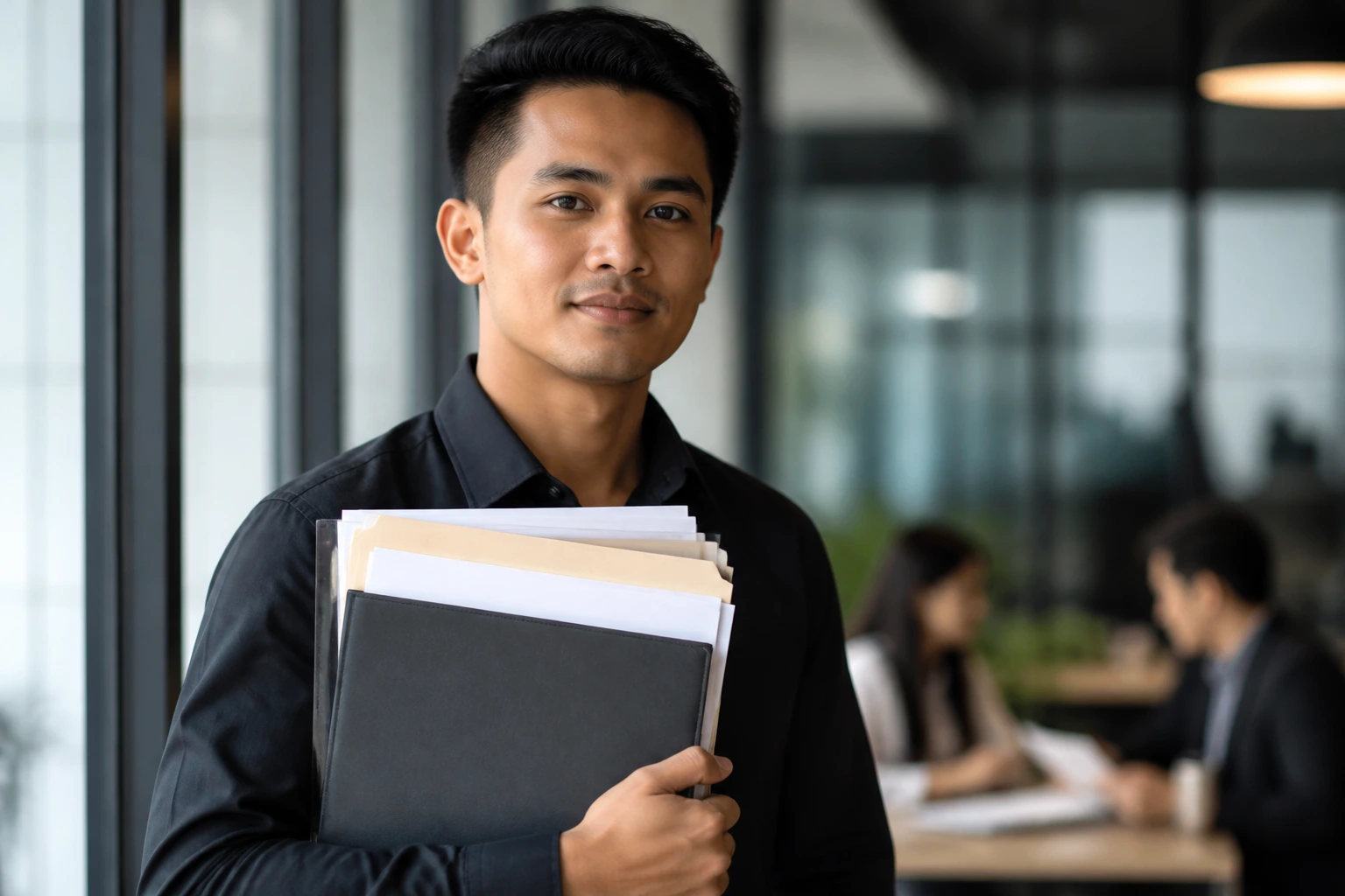 Person holding a folder of documents in an office setting