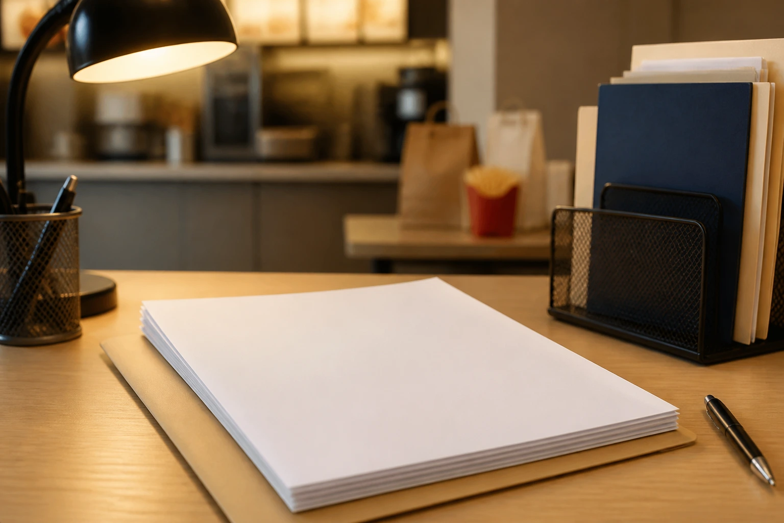Close-up of a blank resume sheet on a desk.